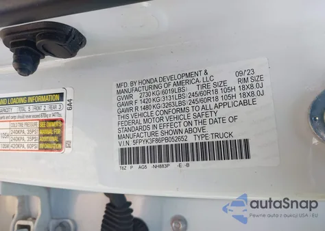 2023 Honda Ridgeline Black Edition z USA, uszkodzony, nr VIN 5FPYK3F86PB052652